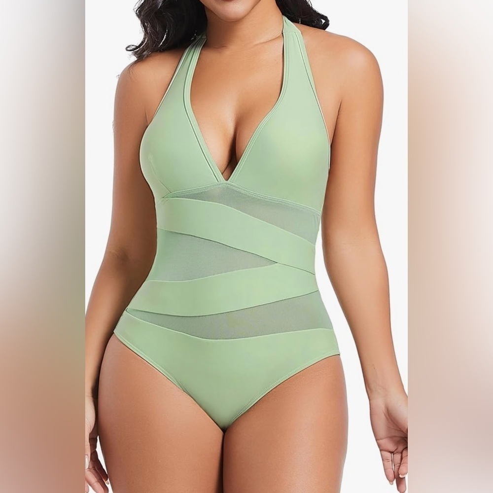 NWOT Halter V Neck One Piece Swimsuit Cutout Mesh Green Beach Resort Vacation Lg